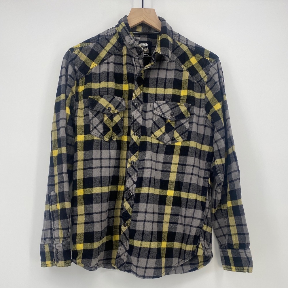 Route 66 Flannel Shirt Medium Grey Yellow Plaid Western Cotton Excellent